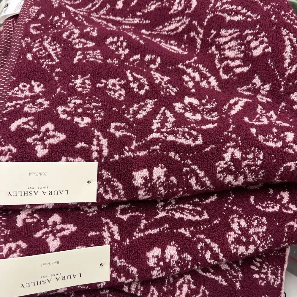 Laura Ashley Elaina Pink Floral Bath Towels Set of 2 Cotton New